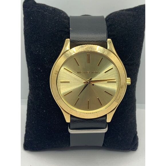 Michael Kors MK3179 Women's Black Leather Strap Analog Gold dial Watch KL194 - Picture 1 of 11